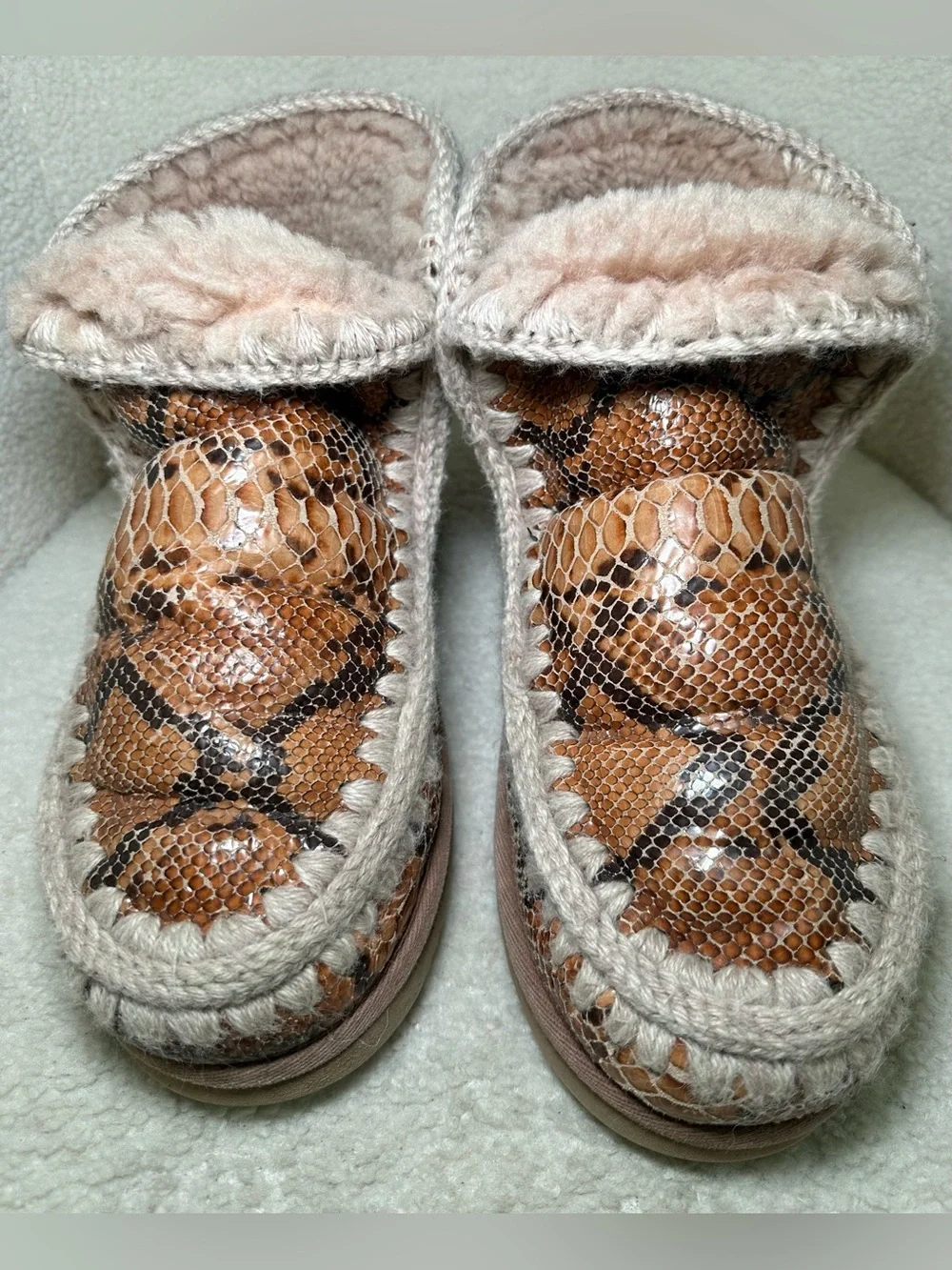 MOU Eskimo 18 Snake Python Print Shearling Ankle Boots Tan Cream Brown Winter 9